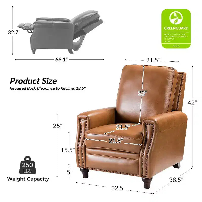 Set of 2 Theresa Modern Upholstery Genuine Leather Recliner with Nailhead Trim for Living Room and Bedroom| ART OF LIVING DESIGNS