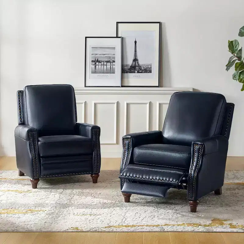 Set of 2 Theresa Modern Upholstery Genuine Leather Recliner with Nailhead Trim for Living Room and Bedroom| ART OF LIVING DESIGNS