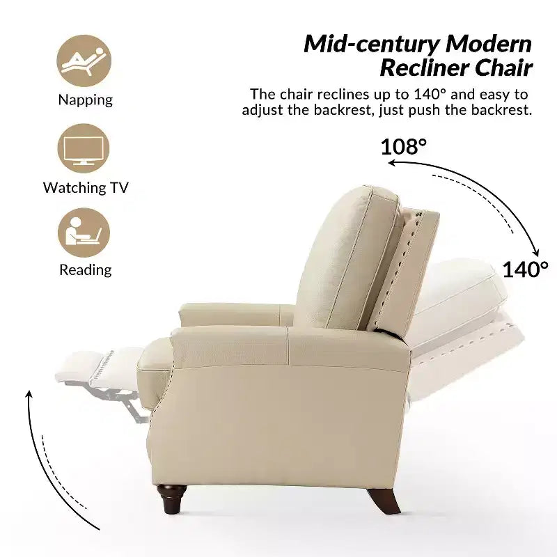 Set of 2 Theresa Modern Upholstery Genuine Leather Recliner with Nailhead Trim for Living Room and Bedroom| ART OF LIVING DESIGNS
