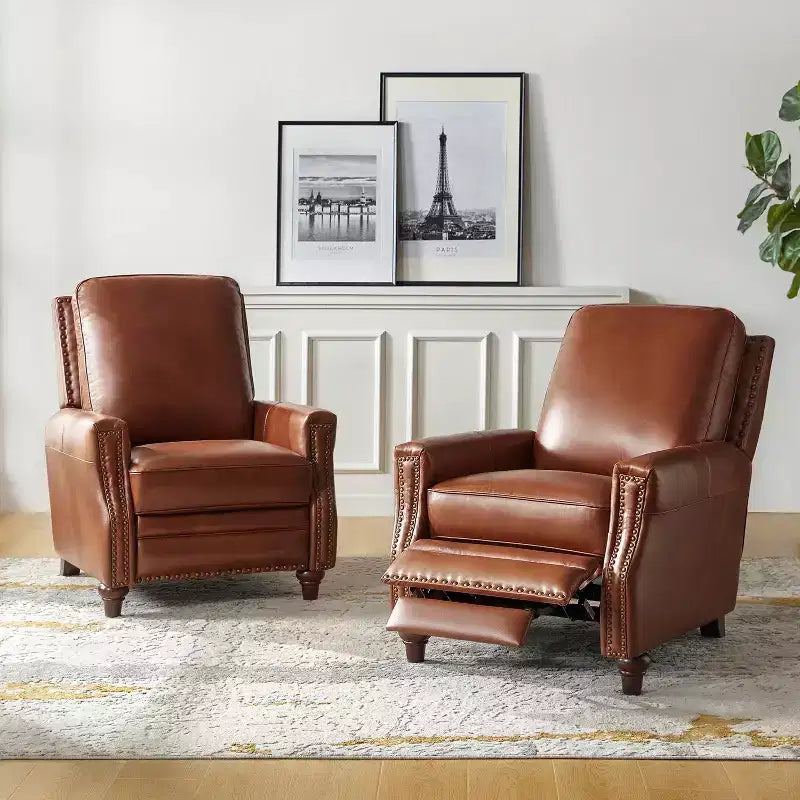 Set of 2 Theresa Modern Upholstery Genuine Leather Recliner with Nailhead Trim for Living Room and Bedroom| ART OF LIVING DESIGNS