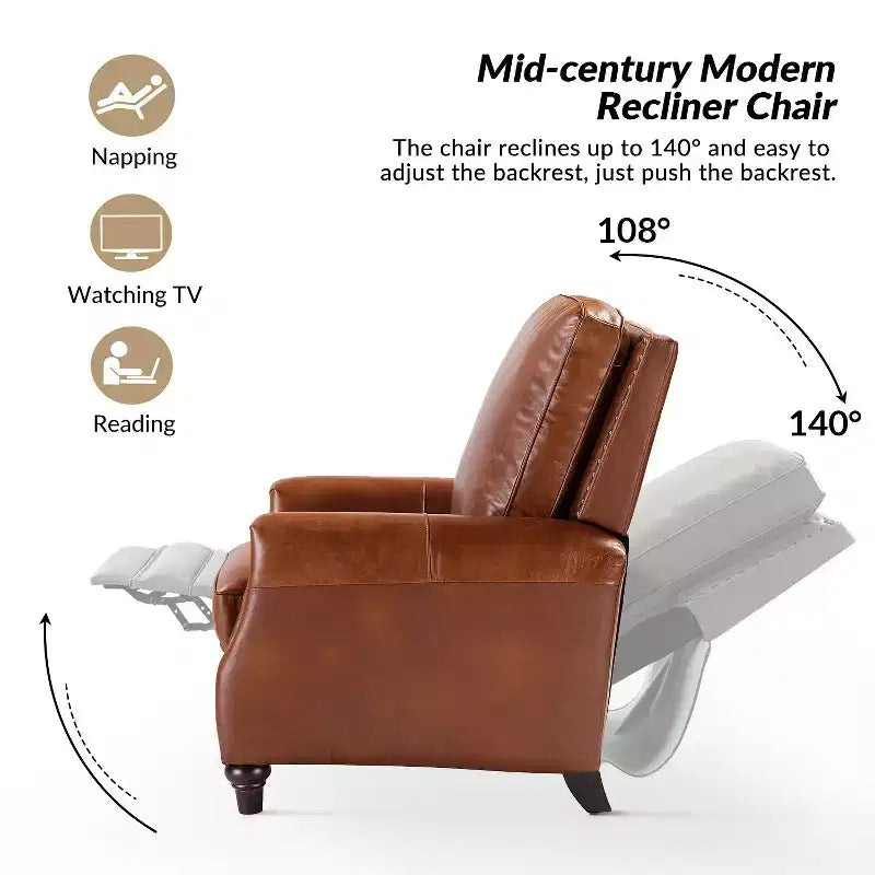 Set of 2 Theresa Modern Upholstery Genuine Leather Recliner with Nailhead Trim for Living Room and Bedroom| ART OF LIVING DESIGNS