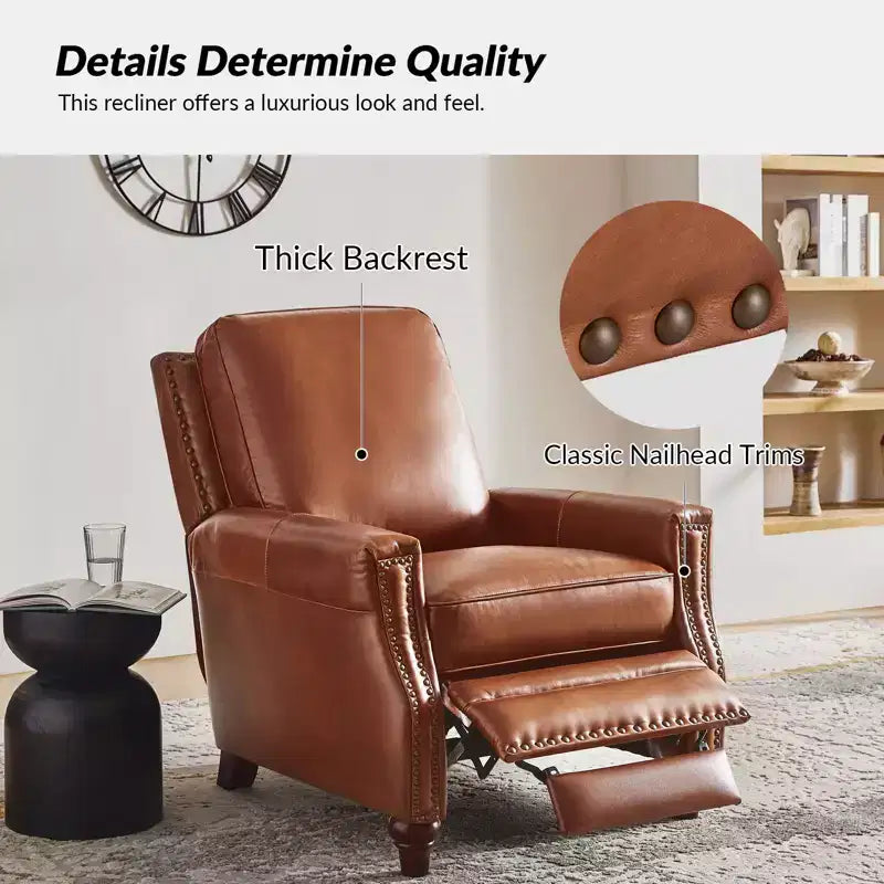 Set of 2 Theresa Modern Upholstery Genuine Leather Recliner with Nailhead Trim for Living Room and Bedroom| ART OF LIVING DESIGNS