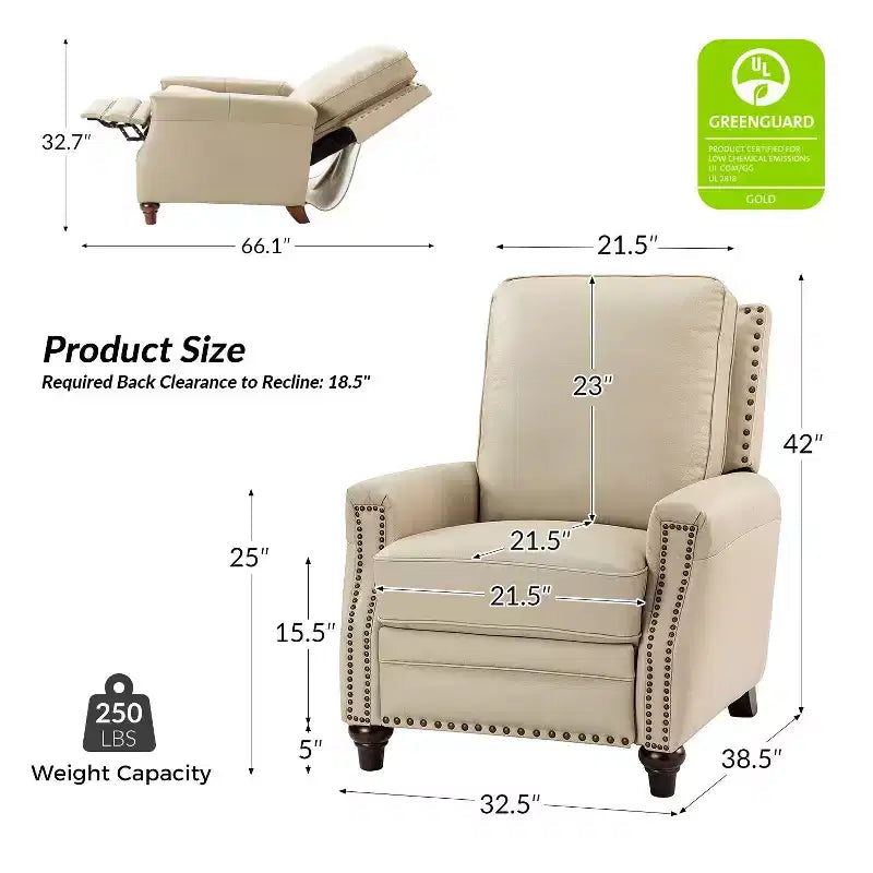 Set of 2 Theresa Modern Upholstery Genuine Leather Recliner with Nailhead Trim for Living Room and Bedroom| ART OF LIVING DESIGNS