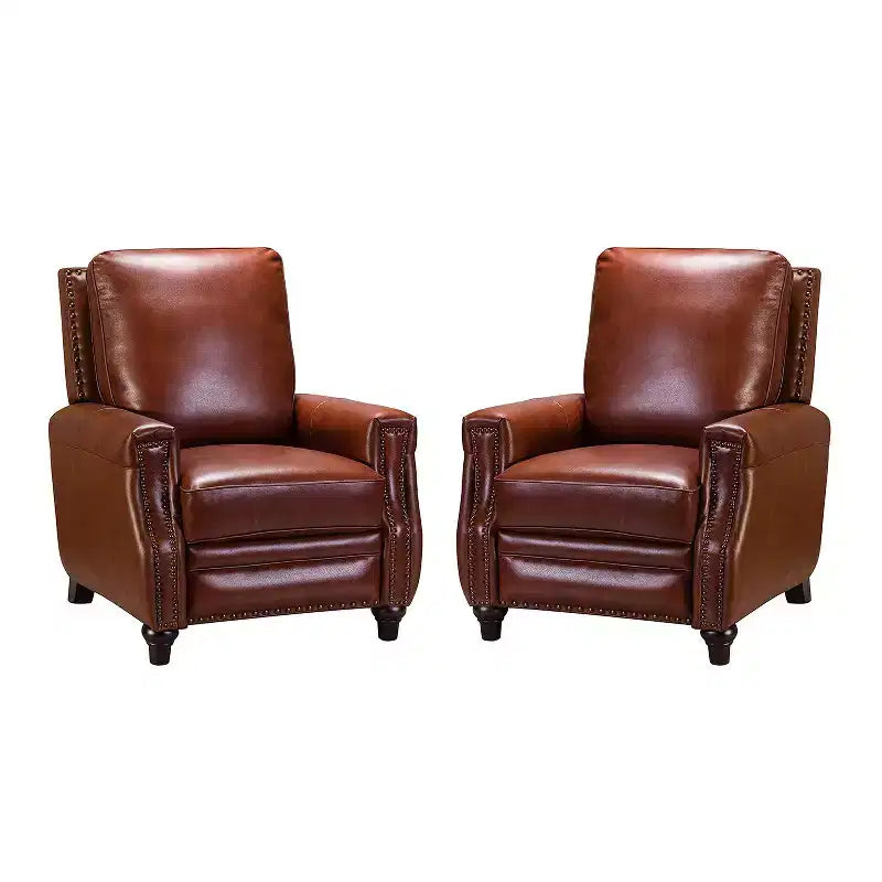 Set of 2 Theresa Modern Upholstery Genuine Leather Recliner with Nailhead Trim for Living Room and Bedroom| ART OF LIVING DESIGNS