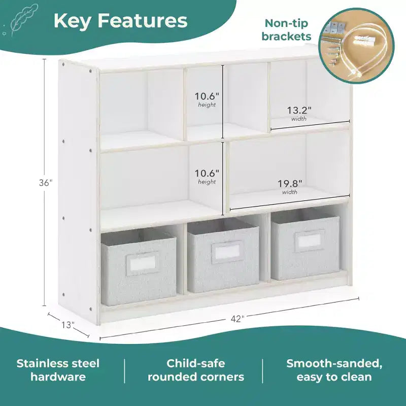 Guidecraft EdQ 3-Shelf 8-Compartment Storage 36: Wooden Cubby Cube Bookshelf Organizer, Home and Classroom Bookcase with Fabric Bins