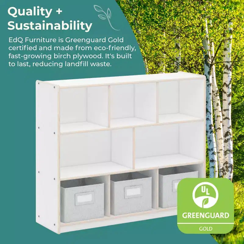 Guidecraft EdQ 3-Shelf 8-Compartment Storage 36: Wooden Cubby Cube Bookshelf Organizer, Home and Classroom Bookcase with Fabric Bins