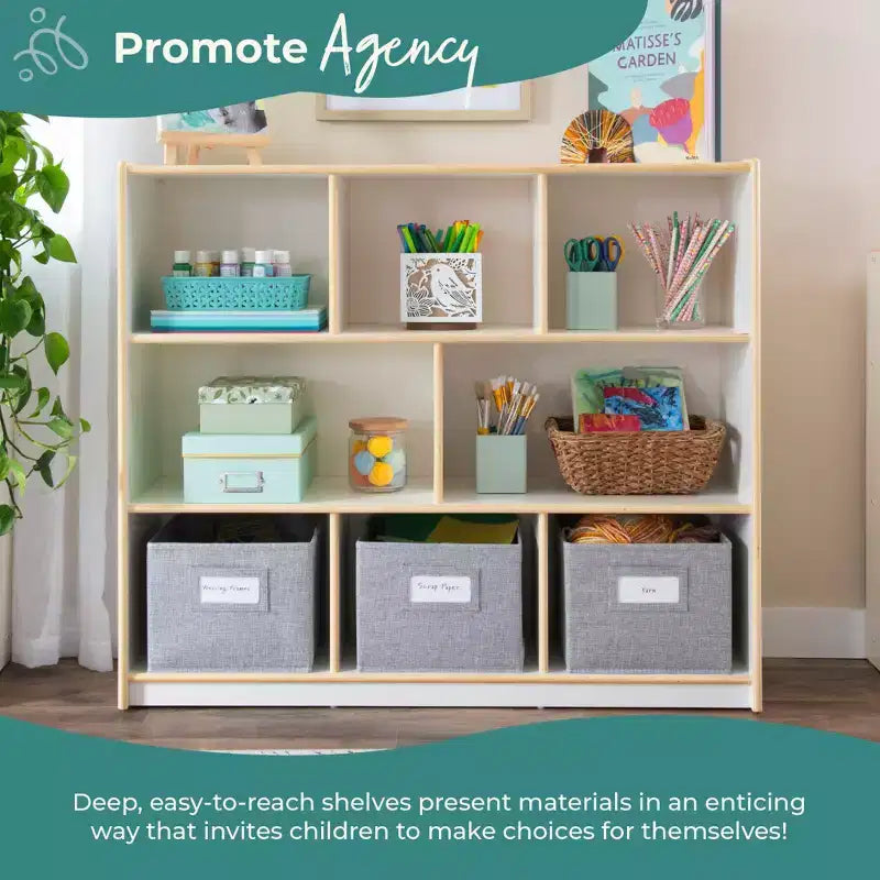 Guidecraft EdQ 3-Shelf 8-Compartment Storage 36: Wooden Cubby Cube Bookshelf Organizer, Home and Classroom Bookcase with Fabric Bins
