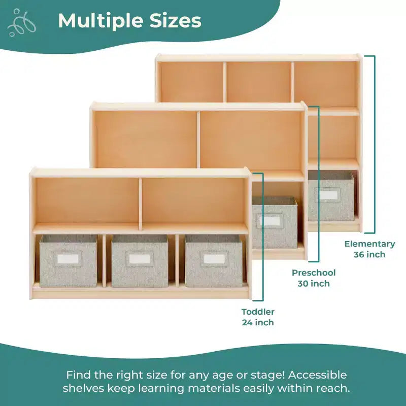 Guidecraft EdQ 3-Shelf 8-Compartment Storage 36: Wooden Cubby Cube Bookshelf Organizer, Home and Classroom Bookcase with Fabric Bins