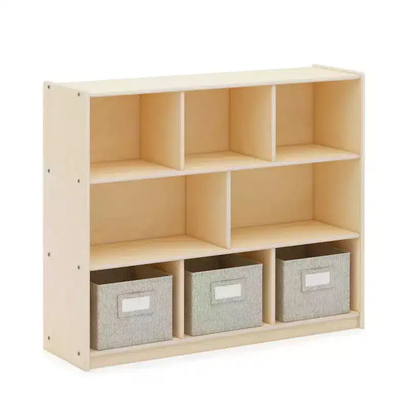 Guidecraft EdQ 3-Shelf 8-Compartment Storage 36: Wooden Cubby Cube Bookshelf Organizer, Home and Classroom Bookcase with Fabric Bins