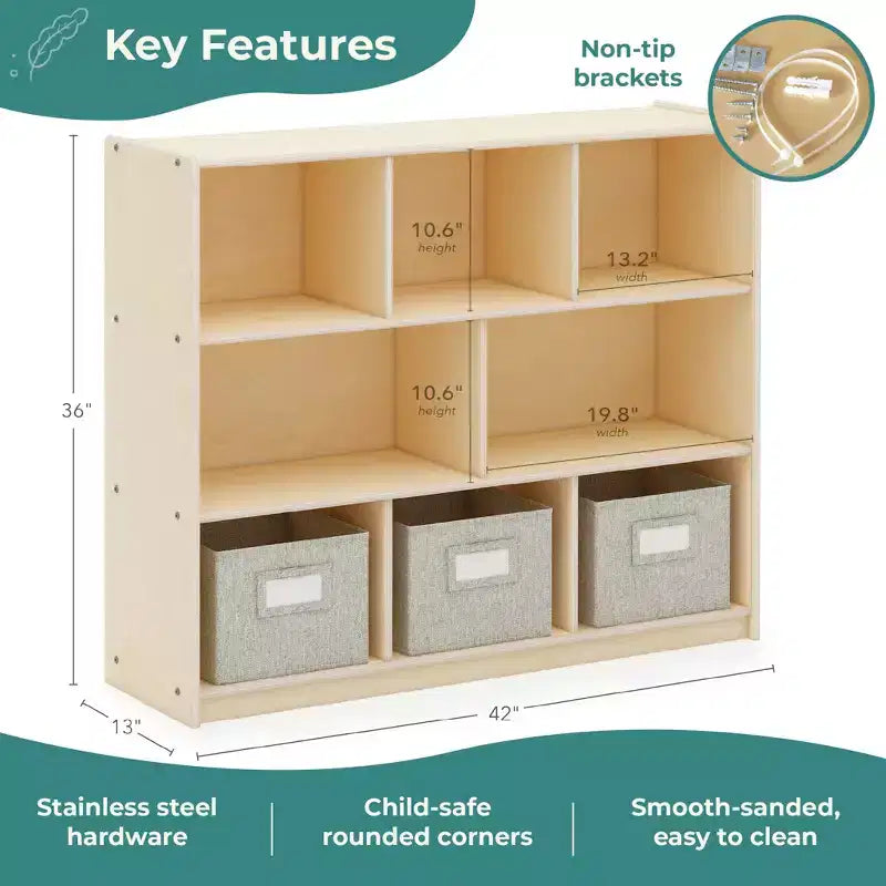 Guidecraft EdQ 3-Shelf 8-Compartment Storage 36: Wooden Cubby Cube Bookshelf Organizer, Home and Classroom Bookcase with Fabric Bins