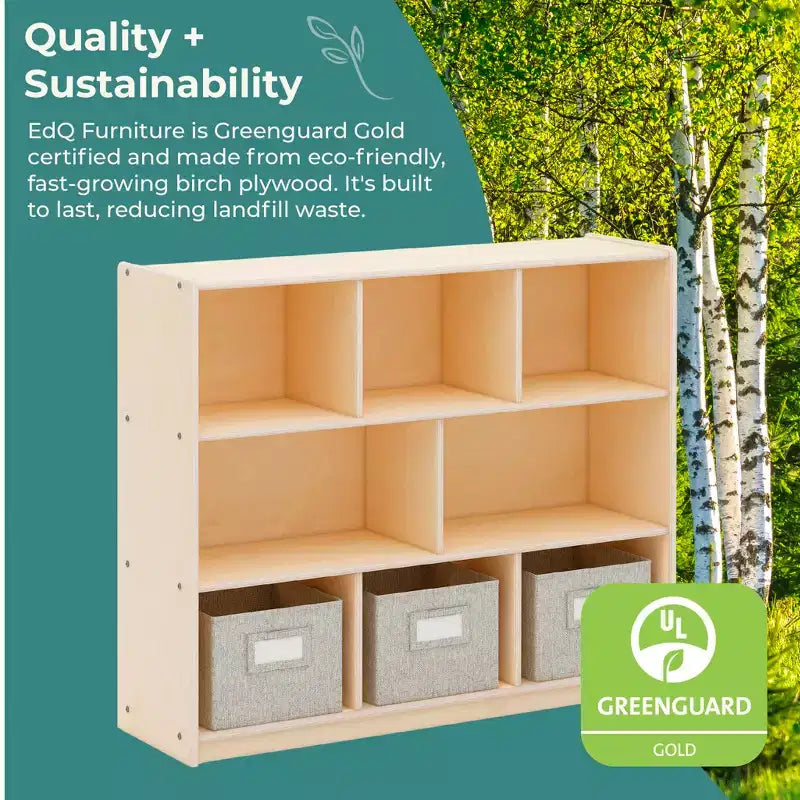 Guidecraft EdQ 3-Shelf 8-Compartment Storage 36: Wooden Cubby Cube Bookshelf Organizer, Home and Classroom Bookcase with Fabric Bins