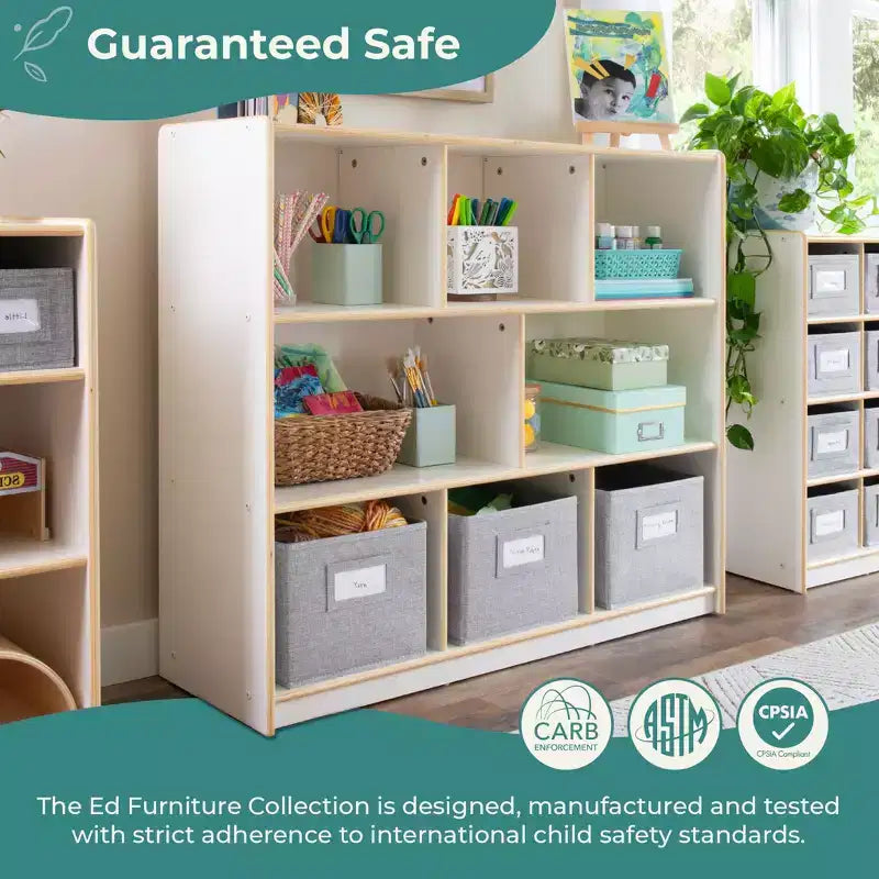 Guidecraft EdQ 3-Shelf 8-Compartment Storage 36: Wooden Cubby Cube Bookshelf Organizer, Home and Classroom Bookcase with Fabric Bins