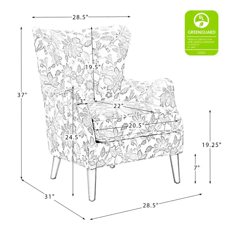 Nikolaus Comfy Living Room Armchair with Floral Fabric Pattern and Wingback| ART OF LIVING DESIGNS