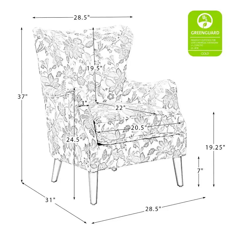 Nikolaus Comfy Living Room Armchair with Floral Fabric Pattern and Wingback| ART OF LIVING DESIGNS