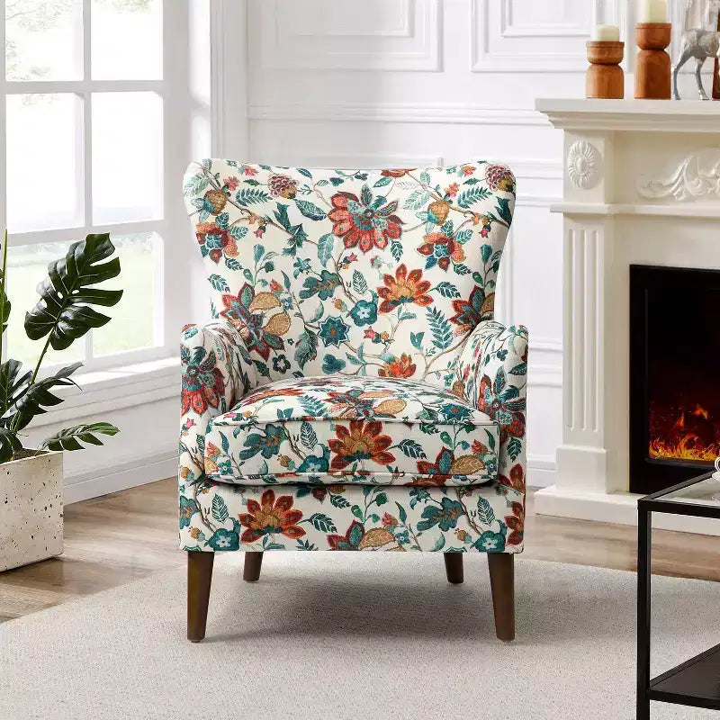 Nikolaus Comfy Living Room Armchair with Floral Fabric Pattern and Wingback| ART OF LIVING DESIGNS