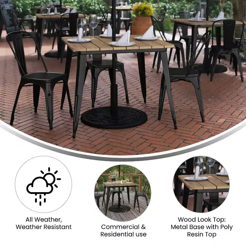Merrick Lane Indoor/Outdoor Dining Table with Umbrella Hole, 36 Square All Weather Poly Resin Top and Steel Base