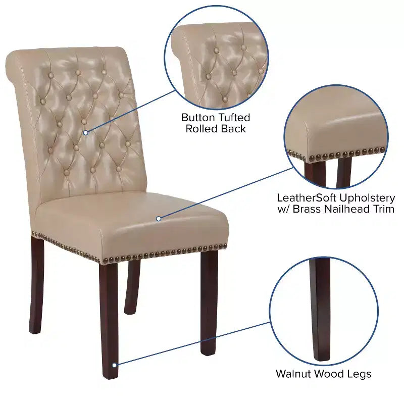 Emma and Oliver 2 PK Upholstered Rolled Back Parson's Chair with Nailhead Trim & Finished Frame with Plastic Floor Glides