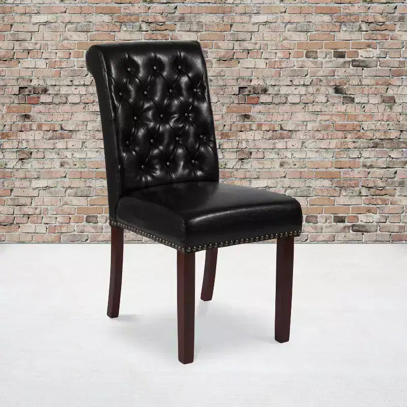 Emma and Oliver 2 PK Upholstered Rolled Back Parson's Chair with Nailhead Trim & Finished Frame with Plastic Floor Glides