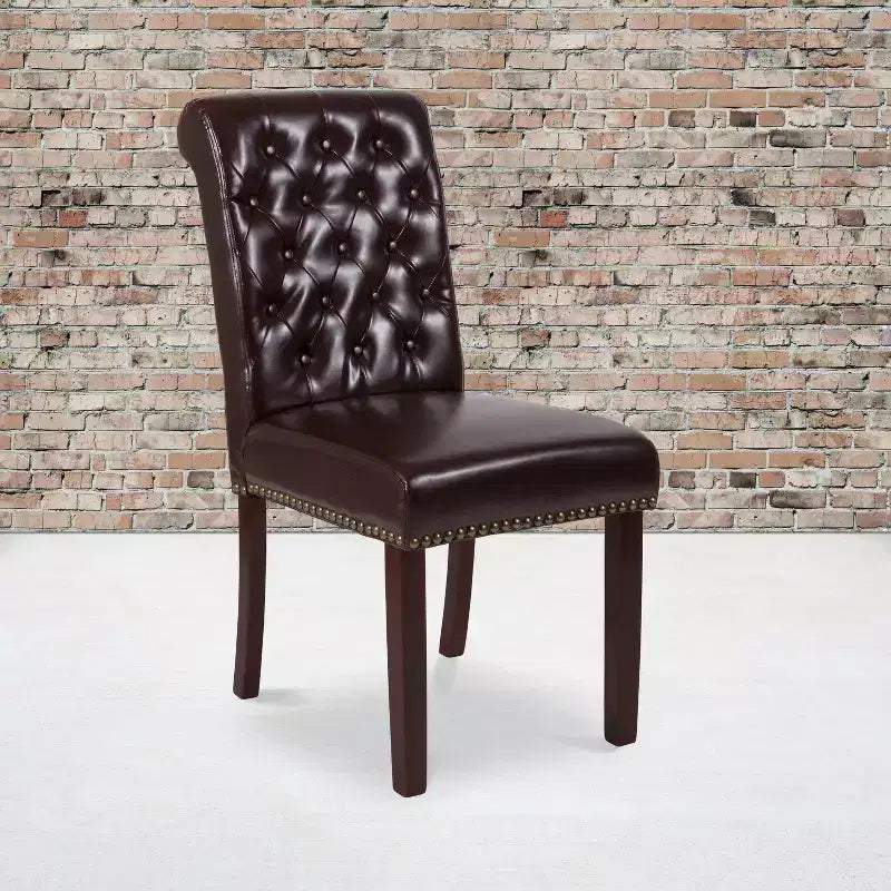 Emma and Oliver 2 PK Upholstered Rolled Back Parson's Chair with Nailhead Trim & Finished Frame with Plastic Floor Glides