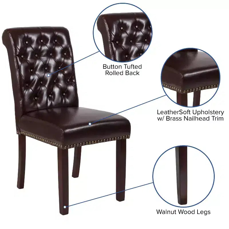 Emma and Oliver 2 PK Upholstered Rolled Back Parson's Chair with Nailhead Trim & Finished Frame with Plastic Floor Glides