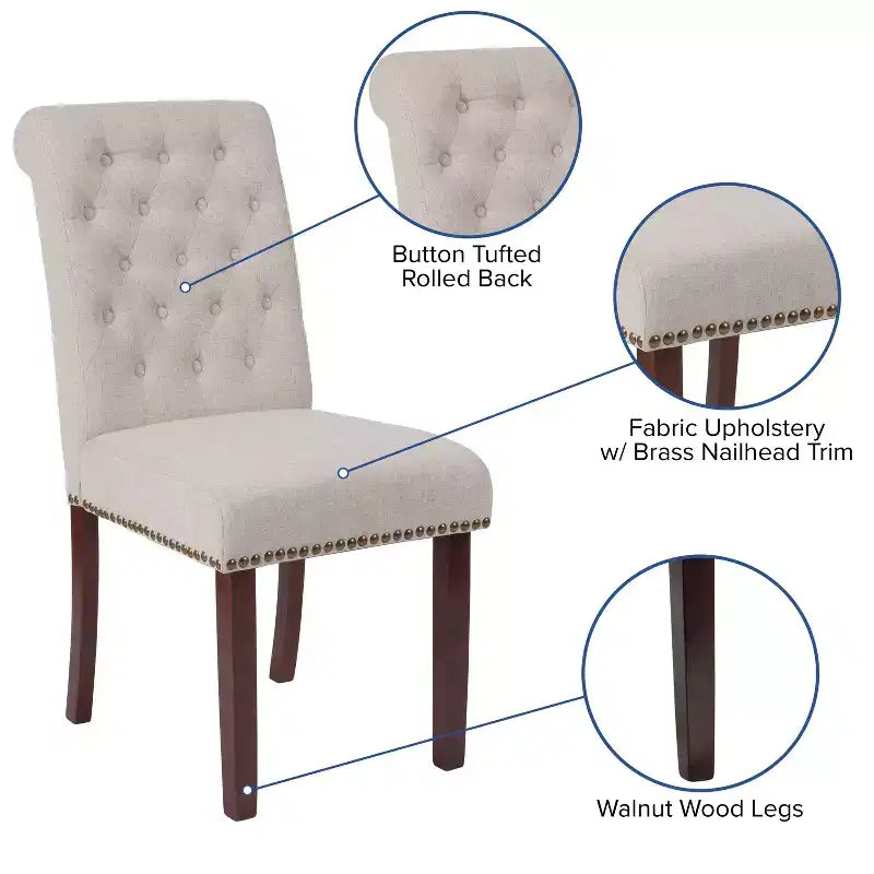 Emma and Oliver 2 PK Upholstered Rolled Back Parson's Chair with Nailhead Trim & Finished Frame with Plastic Floor Glides