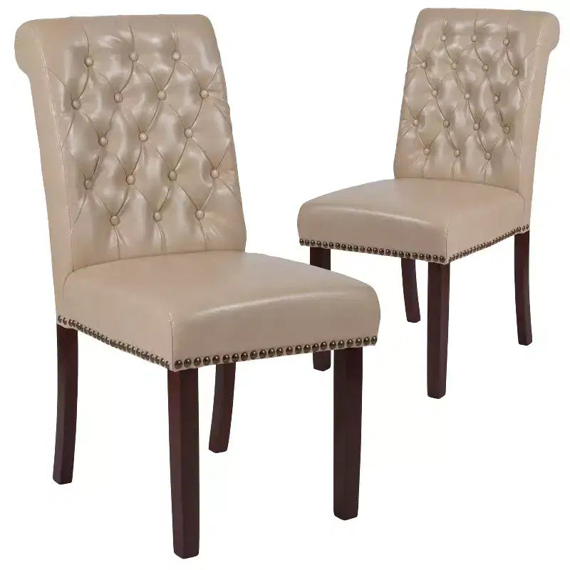 Emma and Oliver 2 PK Upholstered Rolled Back Parson's Chair with Nailhead Trim & Finished Frame with Plastic Floor Glides