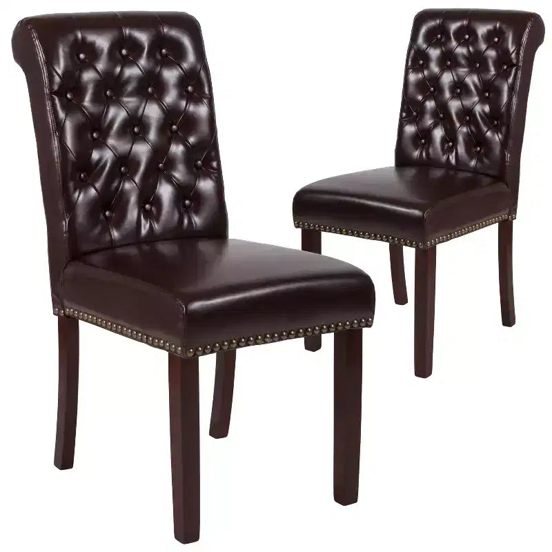 Emma and Oliver 2 PK Upholstered Rolled Back Parson's Chair with Nailhead Trim & Finished Frame with Plastic Floor Glides