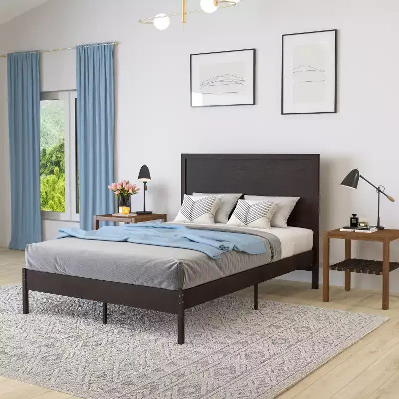 Merrick Lane Solid Wood Platform Bed with Wooden Slats and Headboard, No Box Spring Needed