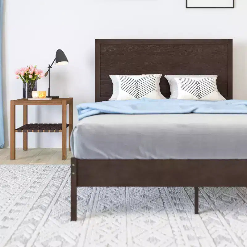 Merrick Lane Solid Wood Platform Bed with Wooden Slats and Headboard, No Box Spring Needed