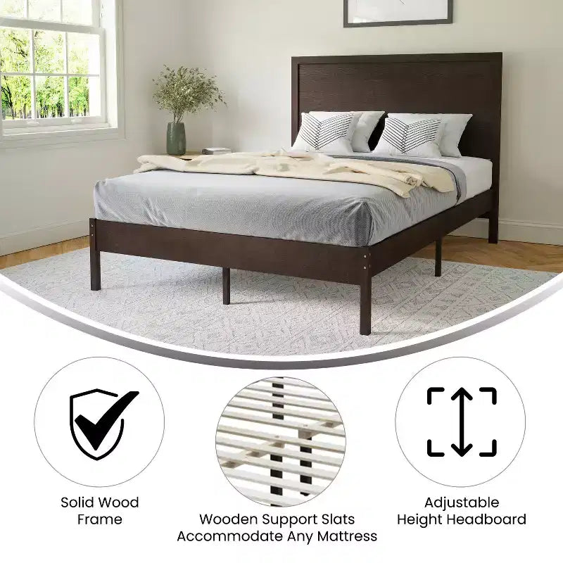 Merrick Lane Solid Wood Platform Bed with Wooden Slats and Headboard, No Box Spring Needed