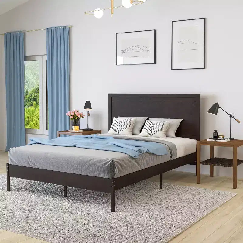 Merrick Lane Solid Wood Platform Bed with Wooden Slats and Headboard, No Box Spring Needed