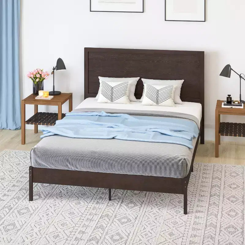 Merrick Lane Solid Wood Platform Bed with Wooden Slats and Headboard, No Box Spring Needed
