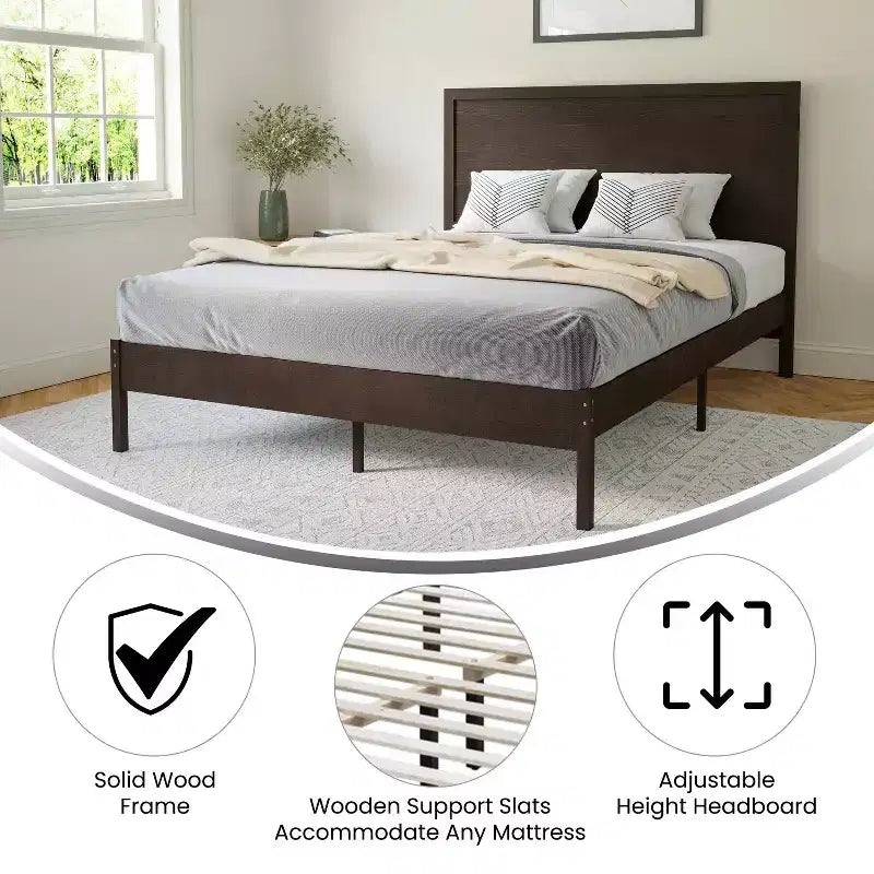 Merrick Lane Solid Wood Platform Bed with Wooden Slats and Headboard, No Box Spring Needed