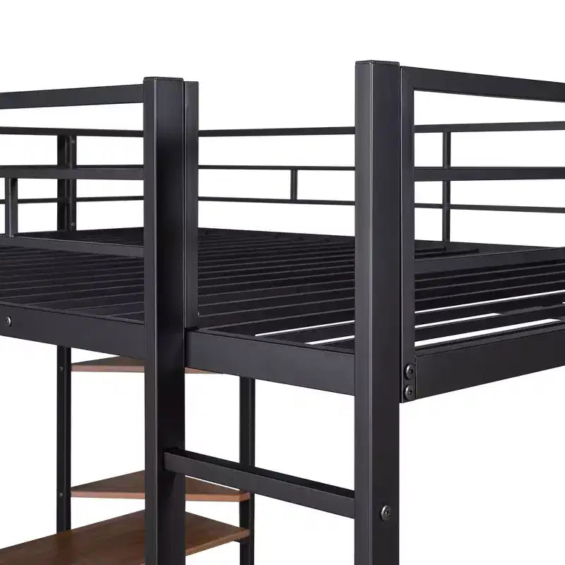 Full Size Metal Loft Bed with 2 Shelves and one Desk - ModernLuxe