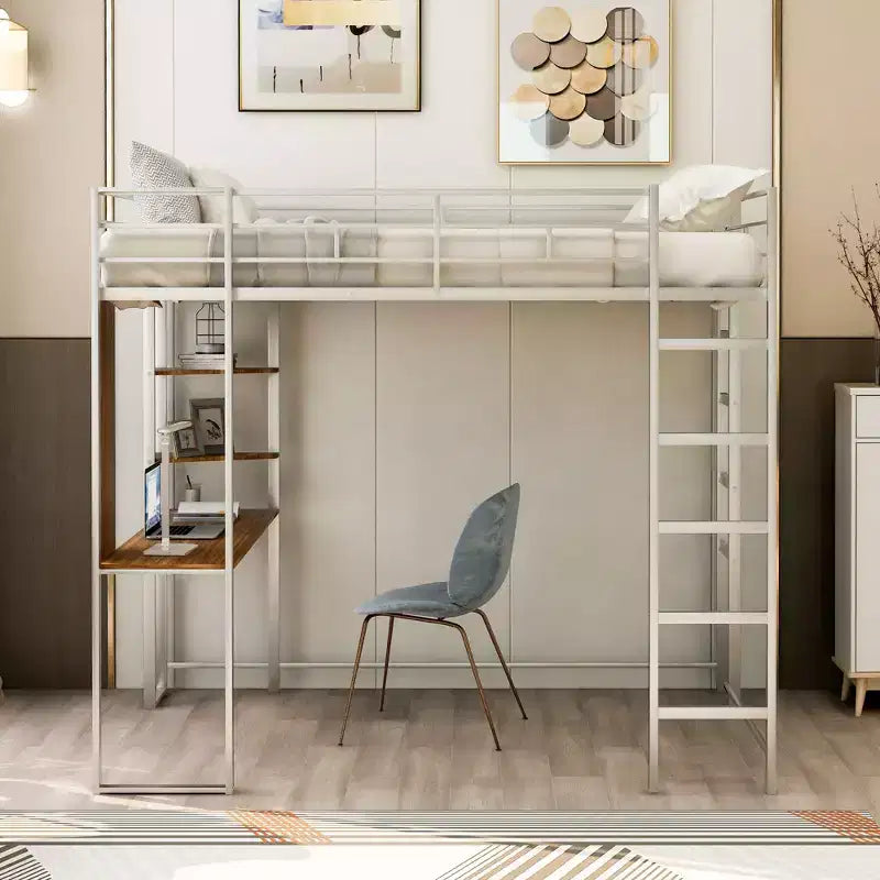 Full Size Metal Loft Bed with 2 Shelves and one Desk - ModernLuxe