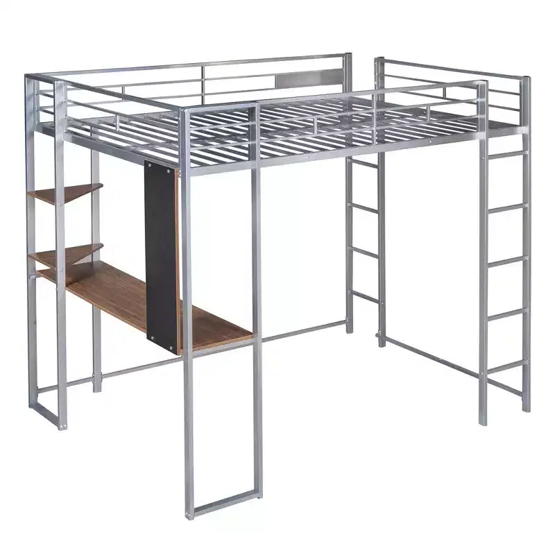 Full Size Metal Loft Bed with 2 Shelves and one Desk - ModernLuxe
