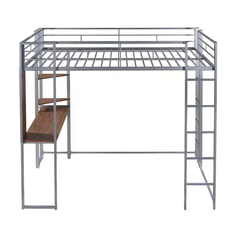 Full Size Metal Loft Bed with 2 Shelves and one Desk - ModernLuxe