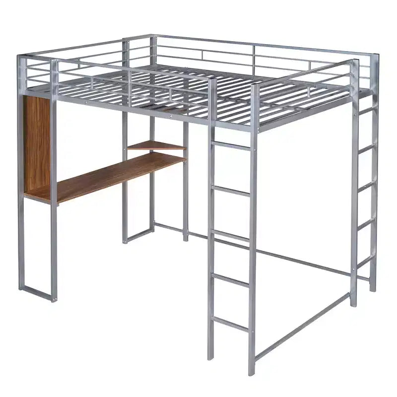 Full Size Metal Loft Bed with 2 Shelves and one Desk - ModernLuxe
