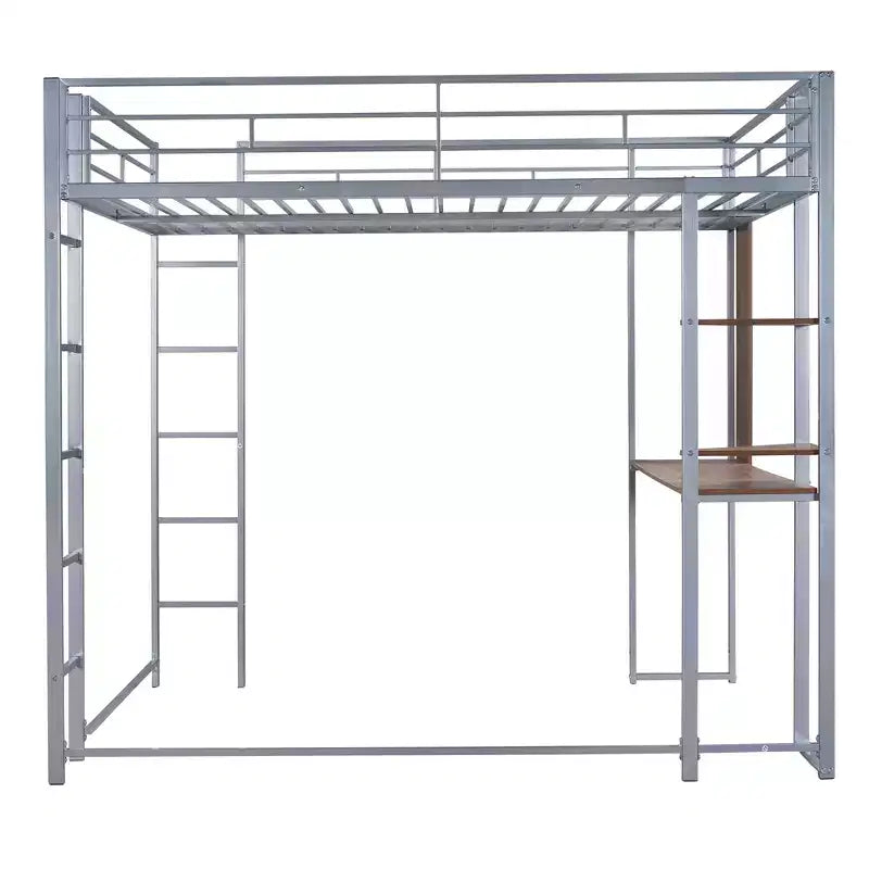 Full Size Metal Loft Bed with 2 Shelves and one Desk - ModernLuxe