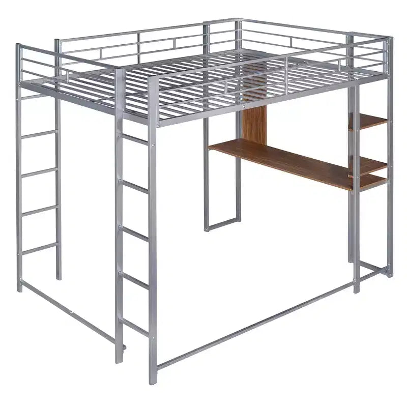 Full Size Metal Loft Bed with 2 Shelves and one Desk - ModernLuxe