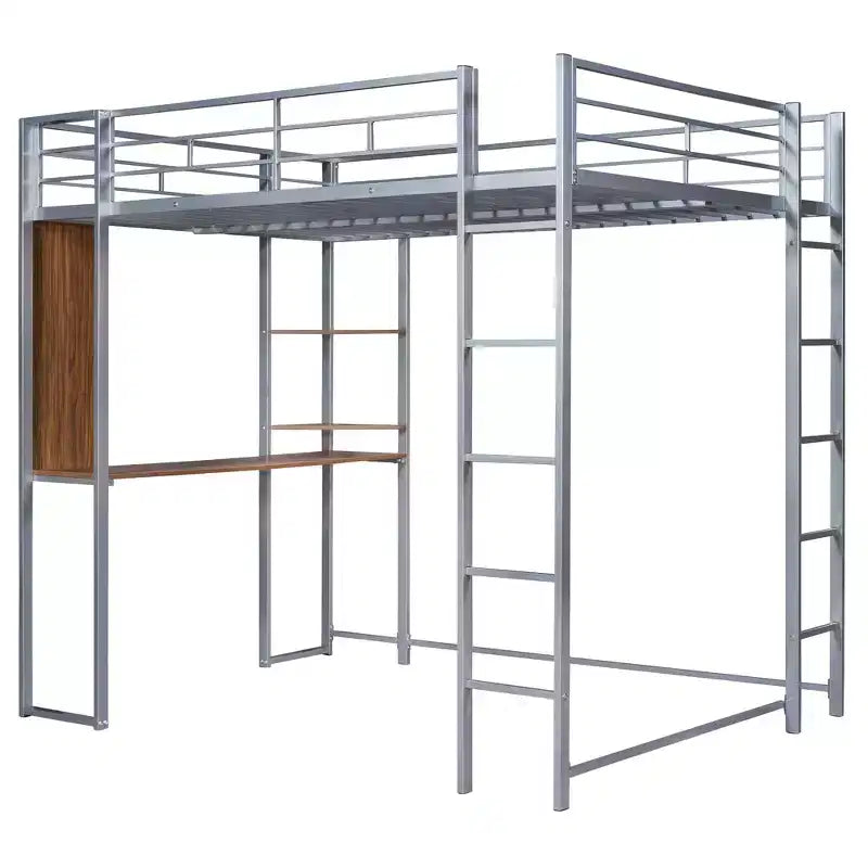 Full Size Metal Loft Bed with 2 Shelves and one Desk - ModernLuxe