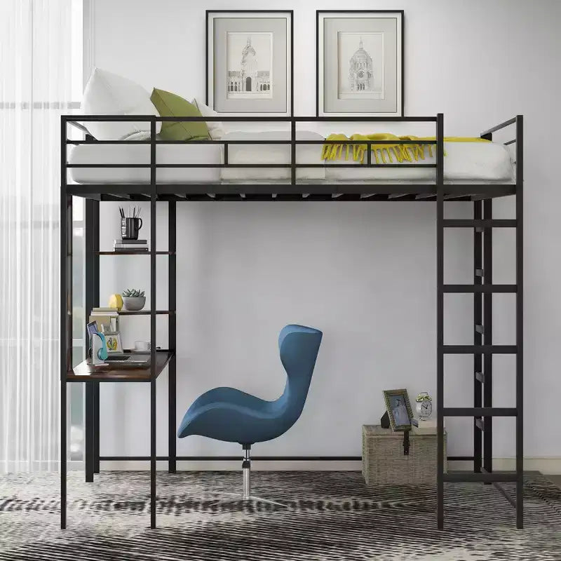 Full Size Metal Loft Bed with 2 Shelves and one Desk - ModernLuxe