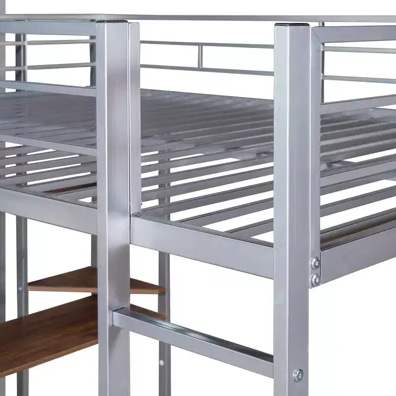 Full Size Metal Loft Bed with 2 Shelves and one Desk - ModernLuxe