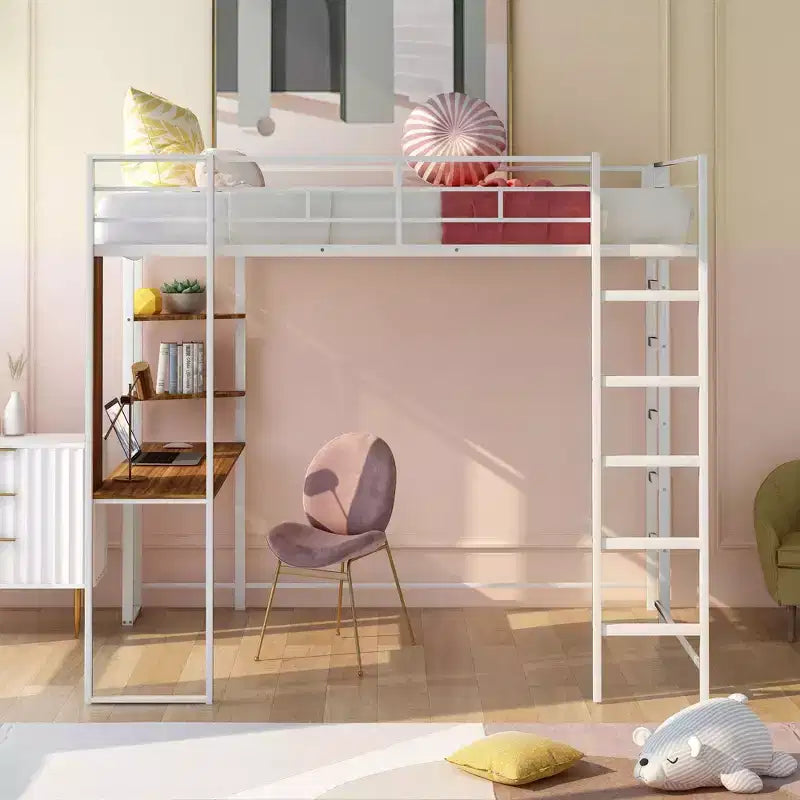 Full Size Metal Loft Bed with 2 Shelves and one Desk - ModernLuxe
