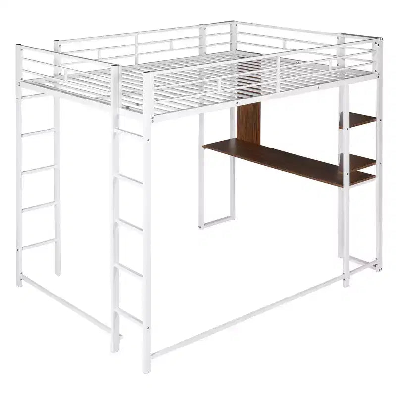 Full Size Metal Loft Bed with 2 Shelves and one Desk - ModernLuxe