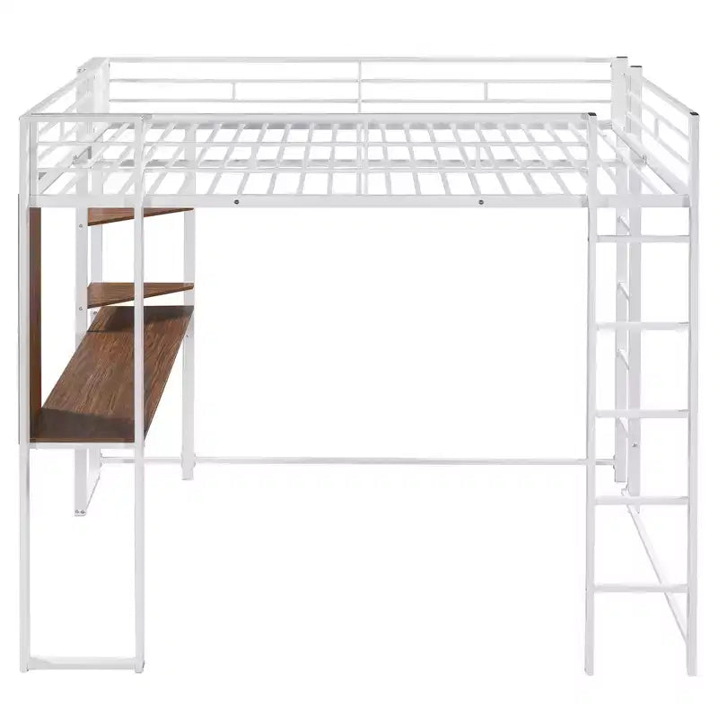 Full Size Metal Loft Bed with 2 Shelves and one Desk - ModernLuxe