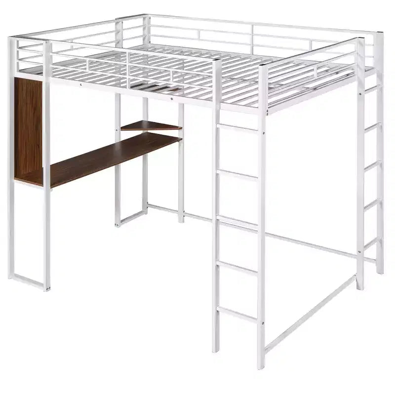 Full Size Metal Loft Bed with 2 Shelves and one Desk - ModernLuxe