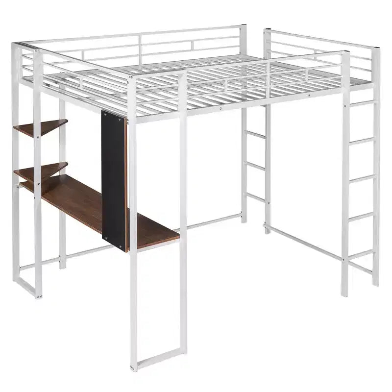 Full Size Metal Loft Bed with 2 Shelves and one Desk - ModernLuxe