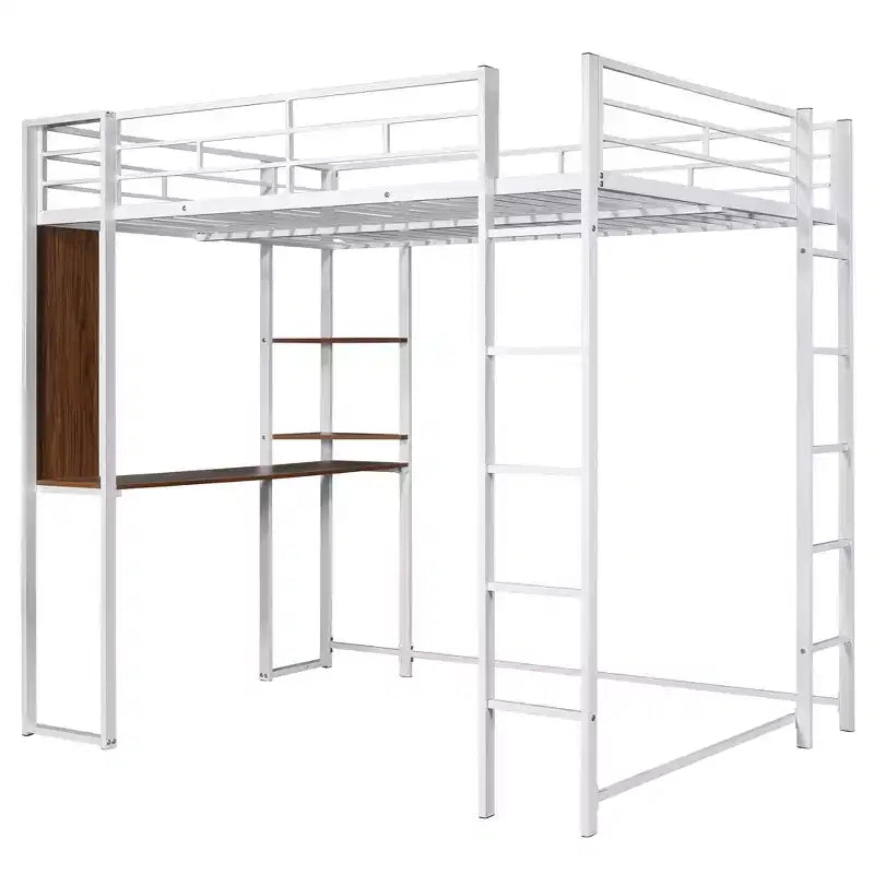 Full Size Metal Loft Bed with 2 Shelves and one Desk - ModernLuxe