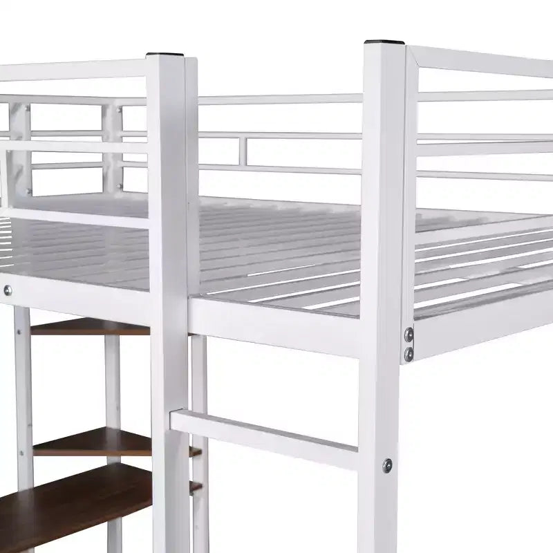 Full Size Metal Loft Bed with 2 Shelves and one Desk - ModernLuxe